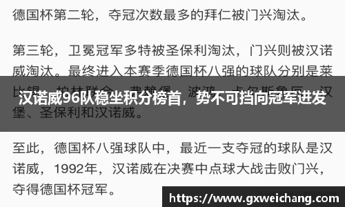 汉诺威96队稳坐积分榜首，势不可挡向冠军进发
